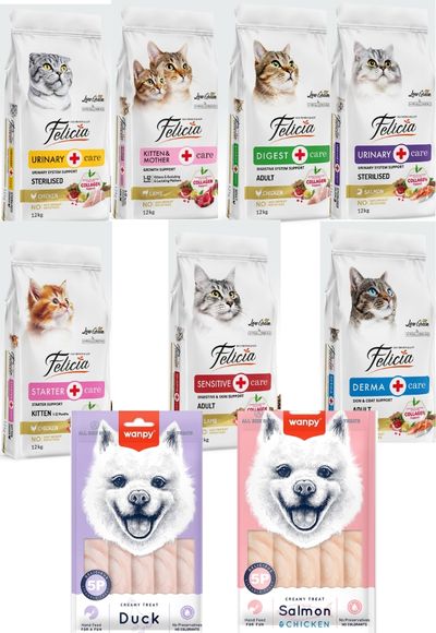 Felicia Kedi Maması 12 Kg 7 Adet Wanpy Ördekli 12'li Krema Köpek Ödülü 5x14g ,Wanpy Somonlu&Tavuklu 12'li Krema Köpek Ödülü 5x14g Felicia Kedi Maması 12 Kg 7 Adet Wanpy Ördekli 12'li Krema Köpek Ödülü 5x14g ,Wanpy Somonlu&Tavuklu 12'li Krema Köpek Ödülü 5x14g