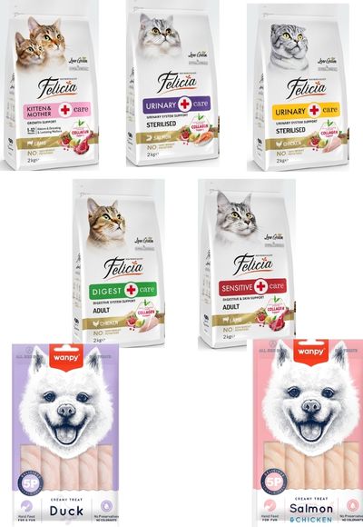 Felicia Kedi Maması 2 Kg  10 Adet  Wanpy Ördekli 12'li Krema Köpek Ödülü,Wanpy Somonlu&Tavuklu 12'li Krema Köpek Ödülü