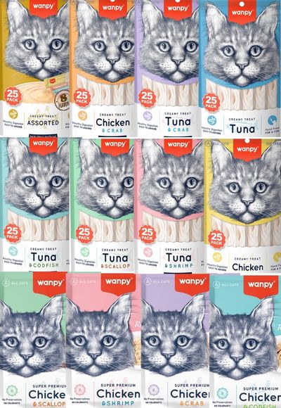 Wanpy 25'li Kedi Krema  8 Çeşit  (16 Adet ) Wanpy Kedi Pouch 4 çeşit (48 Adet )