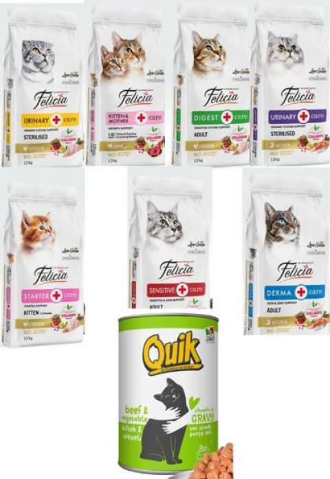 Felicia Kedi Maması 12 Kg  7 Adet  Quik Kedi Konserve 24 Adet