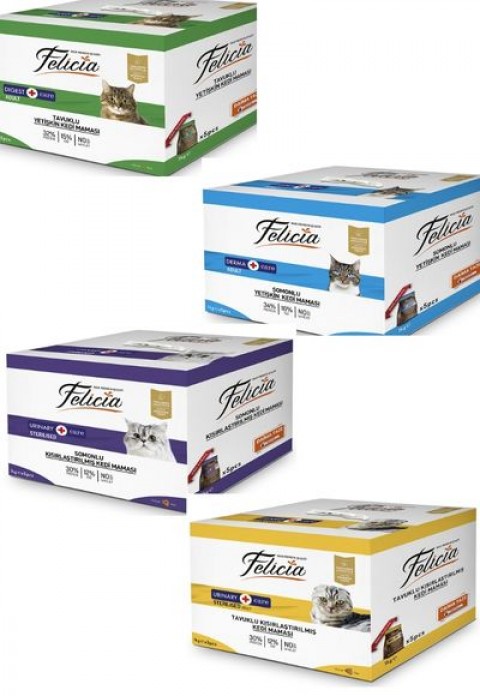 Felicia 5x1 Kg Tavuklu Adult,Somonlu Adult,Somon Kısır,Tavuk Kısır