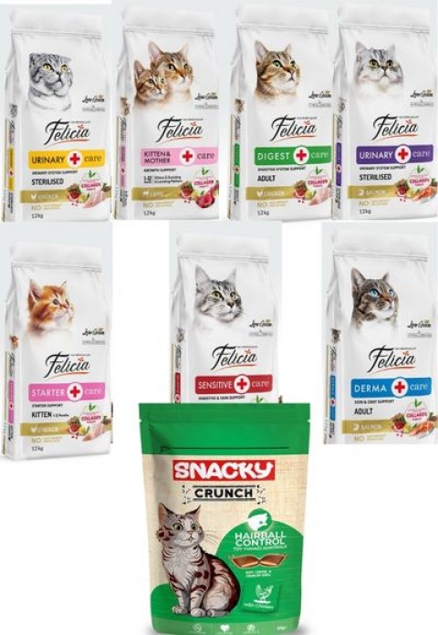Felicia Kedi Maması 12 Kg  7 Adet  Snacky Kedi Crunch Ödül Hairball Cont.Tavuk 40 Adet