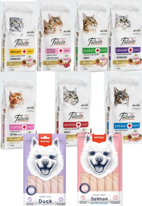 Felicia Kedi Maması 12 Kg  7 Adet  Wanpy Ördekli 12'li Krema Köpek Ödülü 5x14g ,Wanpy Somonlu&Tavuklu 12'li Krema Köpek Ödülü 5x14g