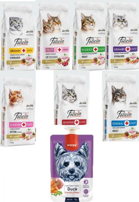 Felicia Kedi Maması 12 Kg  7 Adet  Wanpy Köpek Kapaklı Et Ezmesi 4 Çeşit (40 Adet)