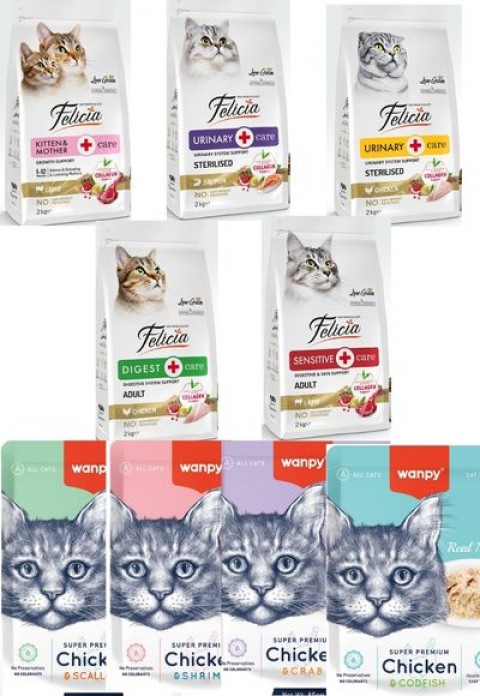 Felicia Kedi Maması 2 Kg  10 Adet  Wanpy Kedi  85g Pouch 4 Çeşit  (48 Adet)