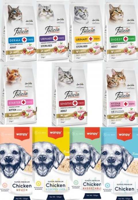 Felicia Kedi Maması 2 Kg  14 Adet  Wanpy Köpek 100g Pouch 4 Çeşit  (48 Adet)