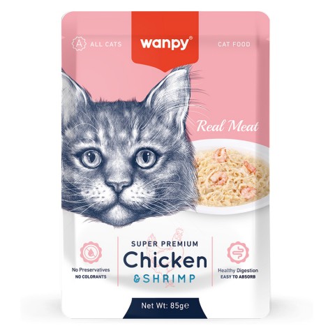 Wanpy 85 gr Pouch Tavuklu & Karidesli Yaş Kedi Maması 12 Adet