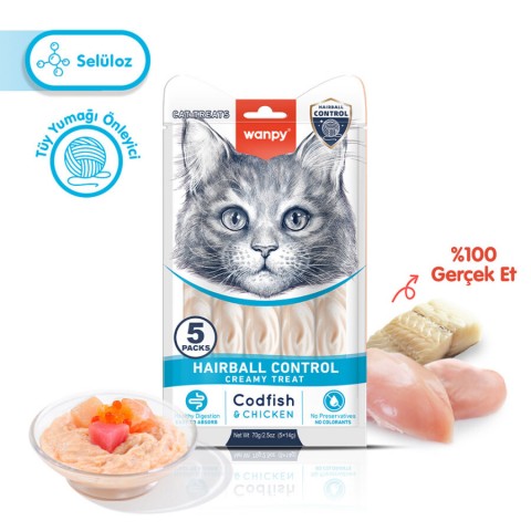 Wanpy Hairball Control Morina balığı&Tavuk 12'li-F.Krema Ödül 5x14gr