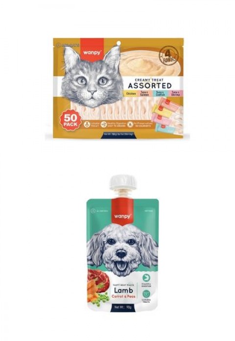 Wanpy Karışık 4 Lezzetli Krema Kedi Ödülü 50*14 gr 12 Adet Wanpy Taze Kuzulu&Havuçlu 10 Adet Köpek Et Ezmesi 90 gr